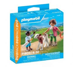 PLAYMOBIL DUO PACK - FERMIÈRE AVEC ENFANT DONNANT LE BIBERON À UN VEAU #71803